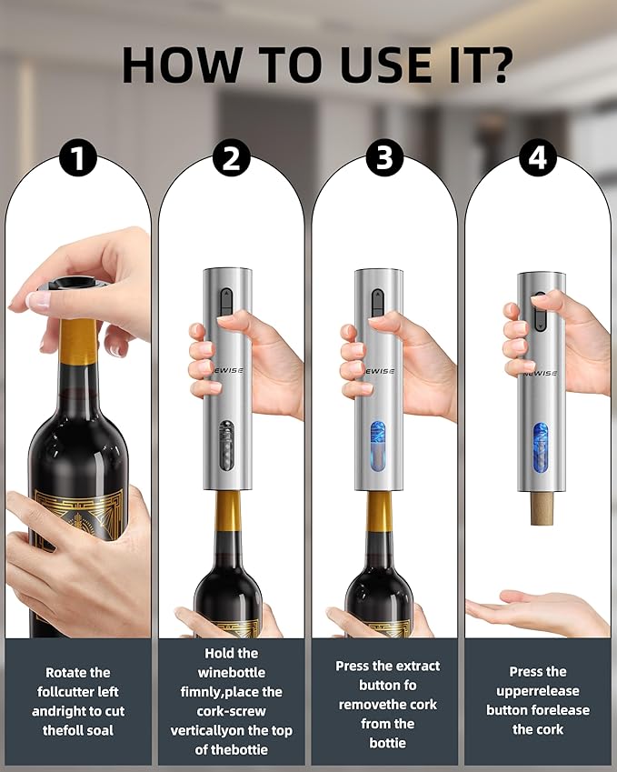 Newise Rechargeable Electric Wine Gift Set: Wine Opener, Aerator, Vacuum Stoppers & Foil Cutter - Wine Lovers Gifts for Women Men - Christmas & White Elephant Gifts