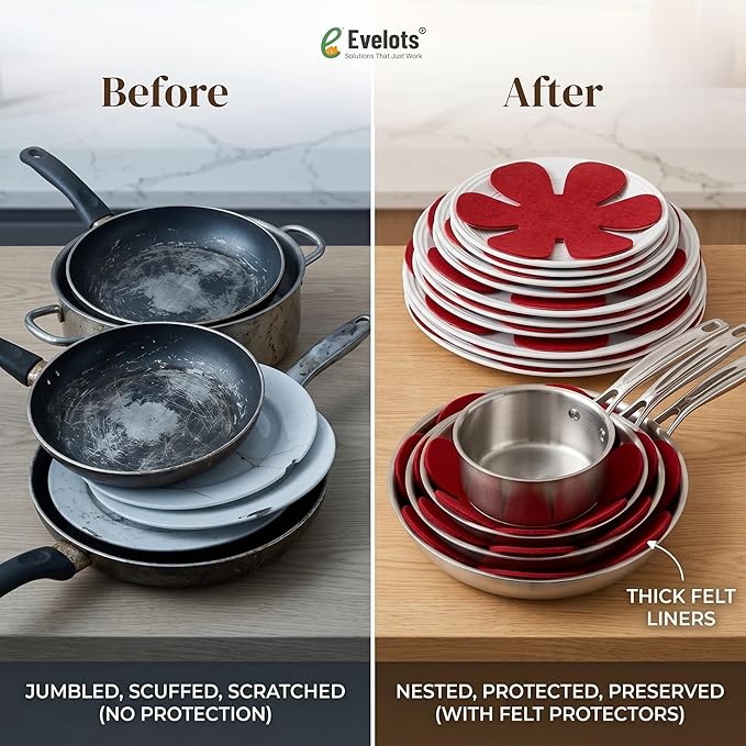 Evelots Pot and Pan Scratch Protectors for Stacking -12 Pack- Ceramic, Glass Cookware Divider, Nonstick Pad -Soft Anti-Slip Felt Separator - No Scratching or Marring When Stacking - 3 Convenient Sizes