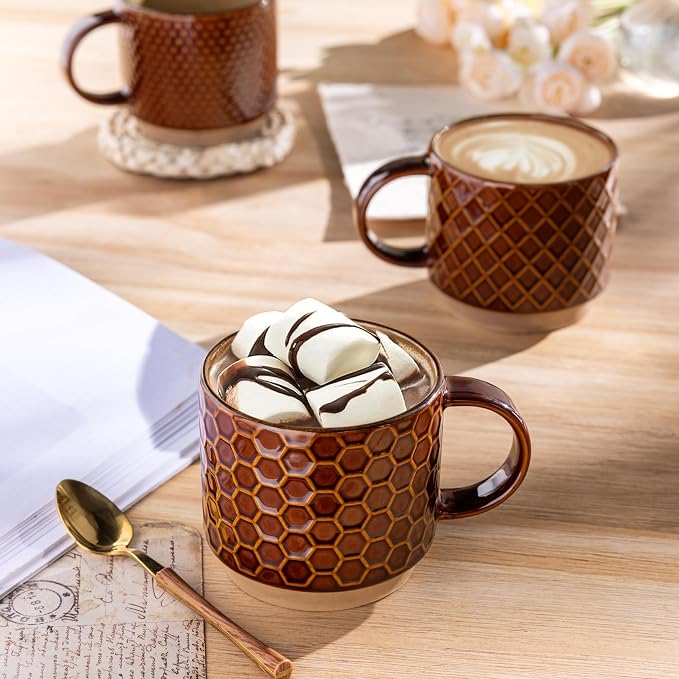 GBhome 15OZ Stackable Coffee Mugs, Ceramic Coffee Cups with Texture Patterns for Man,Woman,Dad,Mom, Modern Mugs Set of 4 for Latte/Cappuccino/Cocoa. Dishwasher&Microwave Safe, Caramel