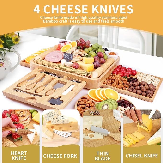 Bamboo Charcuterie Board Gift Set | Large Cheese Board with Hidden Drawers, Knives & Bowls | Perfect Housewarming, Wedding for Couples and Hosts