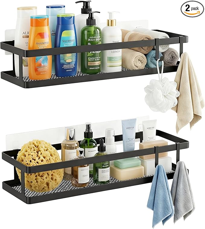 PUSDON 2-Pack 16.5" Extra Long Slim Shower Caddy, Adhesive Wall Mount Bathroom Organizer, Rustproof Open Frame Mesh Spice Rack for Kitchen, Holds 50LBS - Matte Black, Guardrail