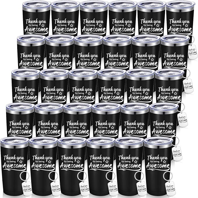 Sieral 60 Pieces Thank You for Being Awesome Tumbler, Thank You Supplies for Women Men 20oz Insulated Stainless Steel Travel Tumbler with Lid and Straw Appreciation Gift with Keychain (Black)