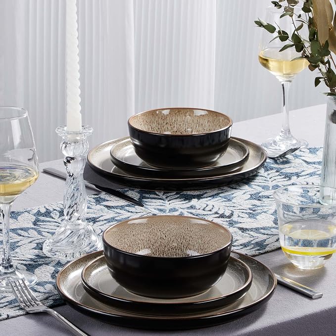 LIANYU Dinnerware Plates and Bowls for 8, 24 Piece Stoneware Dishes Set, Dishwasher and Microwave Safe Ceramic Dinning Ware Set, Include Dinner Salad Plates and Cereal Bowls, Tidal Khaki