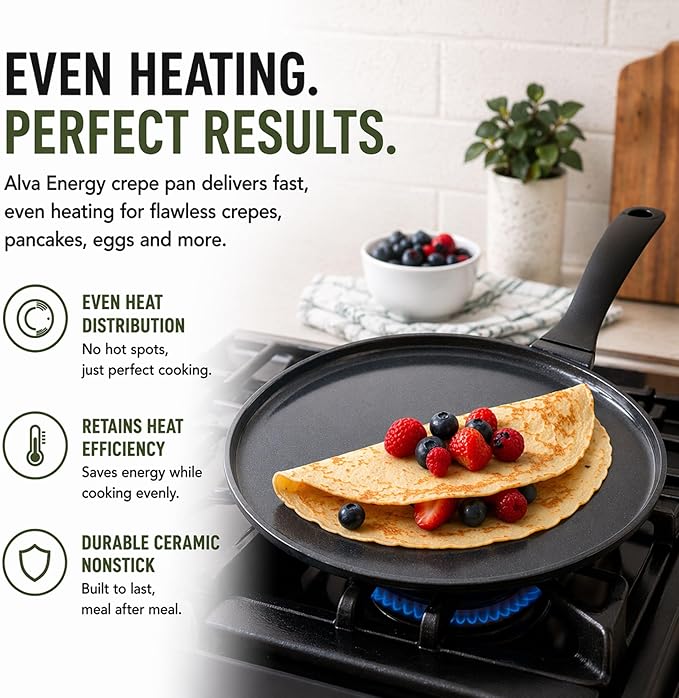 Alva Ceramic Nonstick Crepe Pan, 11 Inch Flat Griddle Pan for Crepes, Pancakes, Eggs & Tortillas, PFAS-Free Aluminum Frying Pan, Induction Compatible, Black