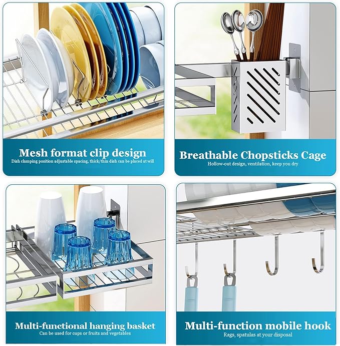 Stainless Steel Wall Mounted Dish Drying Rack, Dish Shelf Kitchen Storage Organizer, Chopsticks Cage Knife Holder, Space Saving, 31.4 inches