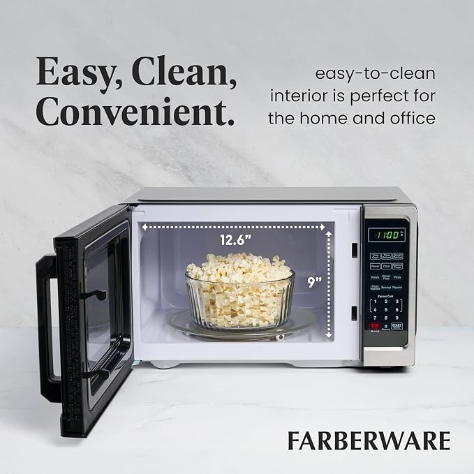 Farberware 0.9 Cu. Ft. Countertop Microwave Oven – 900 Watts Power, Auto Cook Settings, Defrost, Easy Clean and Child Safety Lock - Stainless
