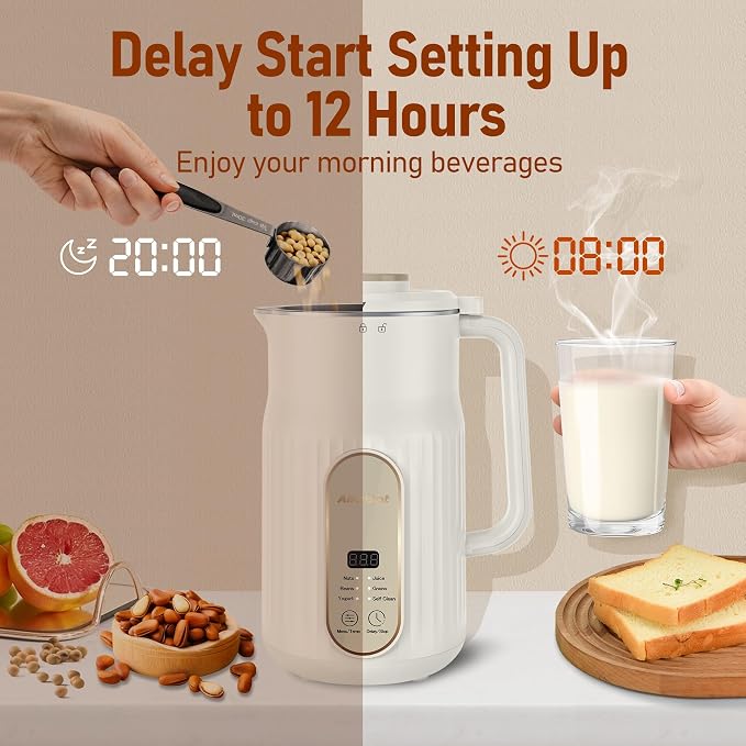 Nut Milk Maker, AlfaBot N2 Automatic Almond Milk Machine for Homemade Plant-Based Milk, Oat, Soy, Yogurt, 5 Modes/35OZ Big Capacity Soy Milk Maker with Delay Setting and Self Cleaning (White) | 5 Preset Modes, 12-Hour Delay Timer, for Almond, Soy, Oat,...