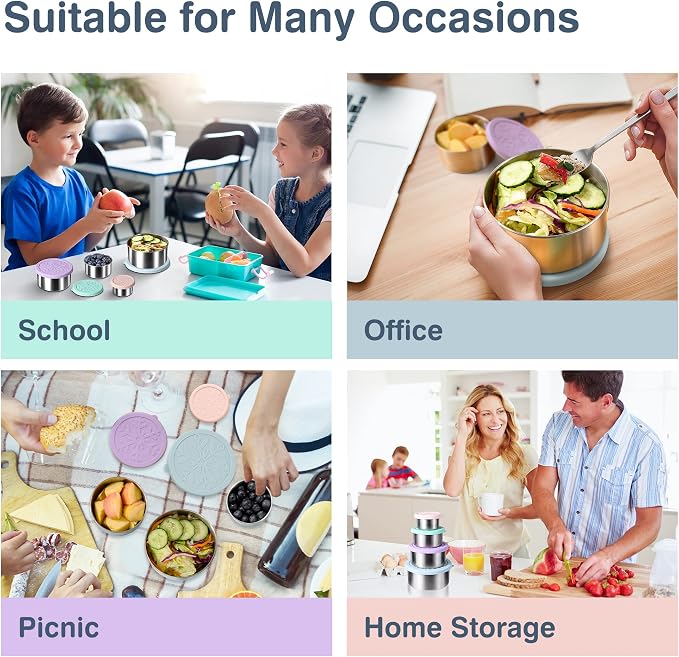 18/8 Stainless Steel Food Snack Storage Containers(4 Pack: 3/7/13/22oz) | Stackable, Leakproof Lunch Box with Silicone Lid, for Kids and Toddler Home School Use