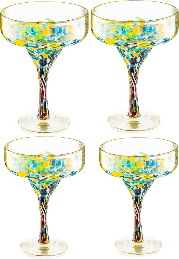 Margarita Glasses – Set of 4 - Luxury Hand Blown Confetti Margaritas, Cocktails, Water, Wine, Dessert, Martini & Champagne Cinco de Mayo, Hand Blown - Mexican Confetti Design Glass, Party, Home & Bar