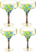Margarita Glasses – Set of 4 - Luxury Hand Blown Confetti Margaritas, Cocktails, Water, Wine, Dessert, Martini & Champagne Cinco de Mayo, Hand Blown - Mexican Confetti Design Glass, Party, Home & Bar