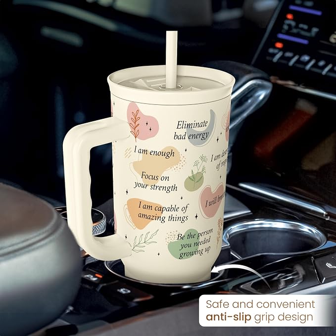 Inspirational Tumbler with Handle 40oz, Daily Positive Inspiration Coffee Cup Stainless Steel Travel Mug, Motivational Gifts for Women Girls Friends Coworker, Gift for Christmas Birthday