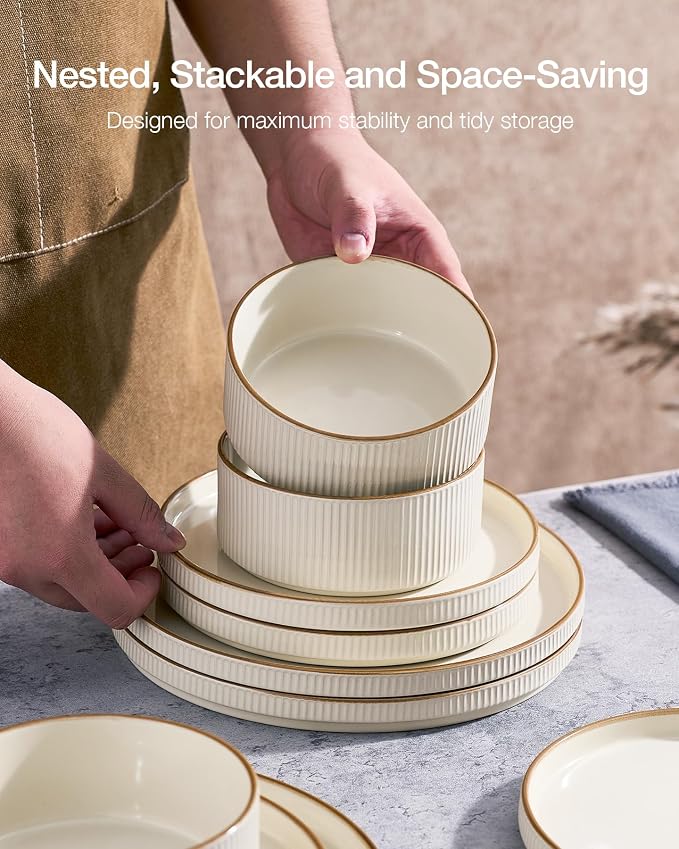 Famiware Star 24-Piece Stoneware Dinnerware Sets with Trim, Service for 6 - Ceramic Mugs, Plates, Bowls, Dishes for Everyday/Party/Formal Use, Chip/Scratch Resistant, Microwave/Dishwasher Safe, Cream