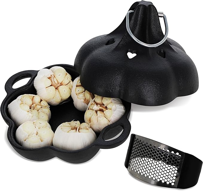 Potted Pans Garlic Roster, Pre-Seasoned Cast Iron Garlic Roaster and Garlic Press, Heavy Duty Garlic Roaster with Lid, Garlic Baker Garlic Cooker for Oven, Grill, Stove, BBQ