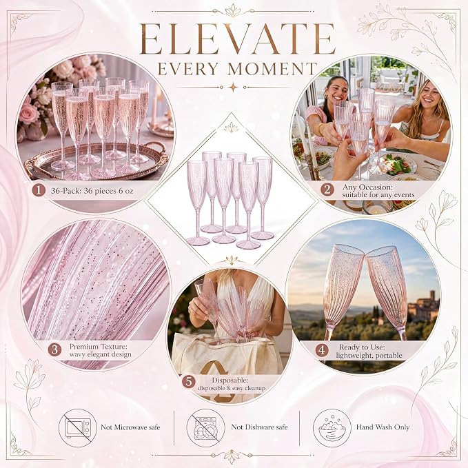 WDF 36PCS Pink Champagne Flutes Plastic - 6 OZ Pink Glitter Disposable Champagne Flutes for Wedding/Birthday/Parties/Bridal Shower