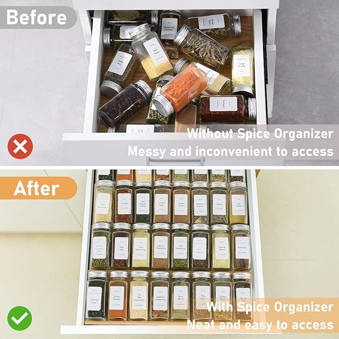 Spice Drawer Organizer with 18 Spice Jars,216 Labels,25 Non-slip Rubber, Bamboo 4 Tier Seasoning Rack Tray Insert for Kitchen Drawers,Cabinets,Countertop,9" Wide x 15.8" Deep