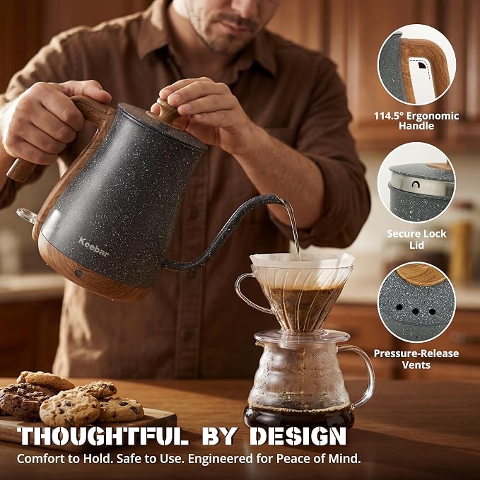 Electric Tea Kettle, Electric Kettle Stainless Steel, 1000W Tea Kettle Electric Auto Shut Off, 0.8L, Wood-like Grain Finish Handle, Ice Crackle
