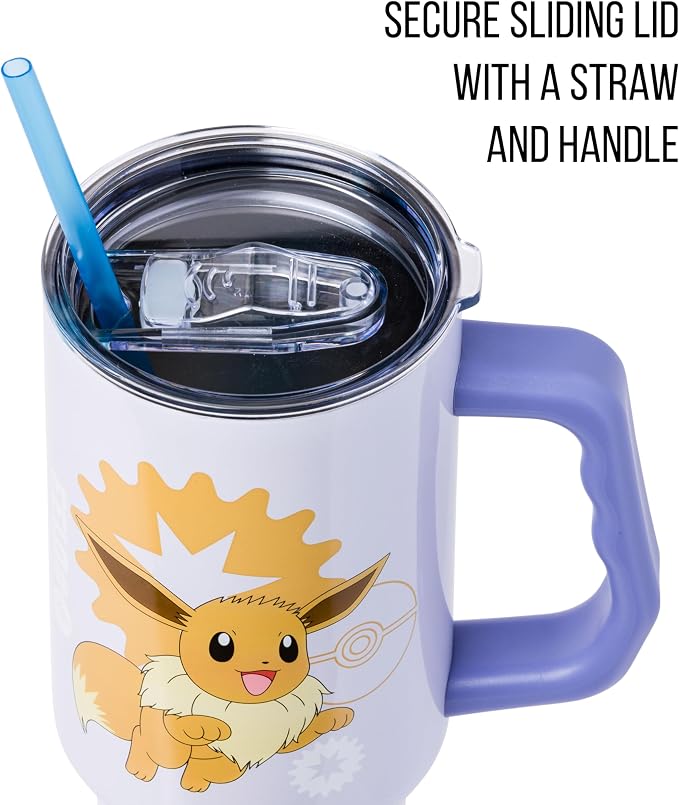 Silver Buffalo Pokémon Eevee Stainless Steel Tumbler with Handle, 40oz | Double-walled insulation, fits standard cup holder, secure lid with straw, travel friendly