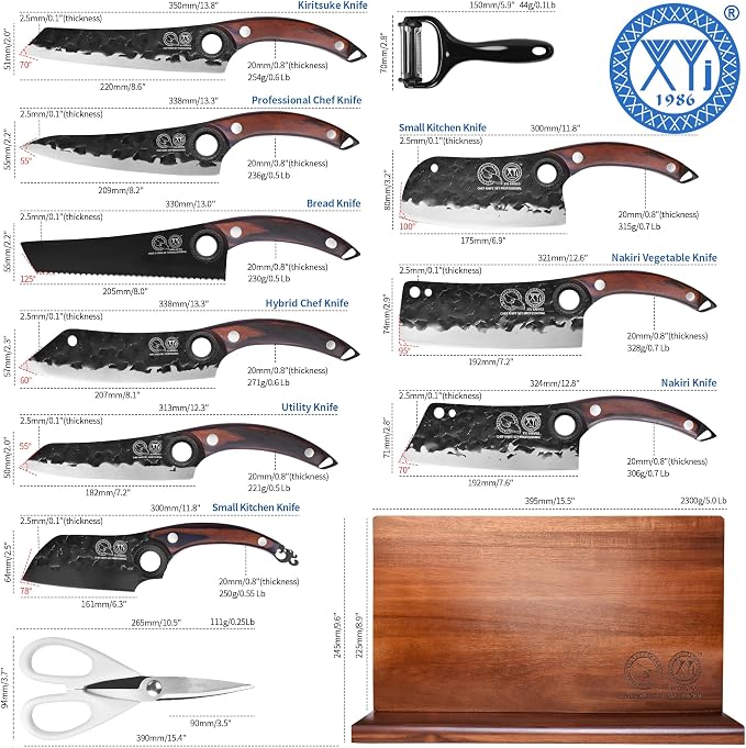 XYJ Authentic Since 1986,Knife Block Set,High Carbon Steel Forged Blades,Kitchen Knives Set with Wooden Magnetic Knife Block,Sharpening Steel,Cutting Board,Cleaver Slicing Knife,Wood Handle