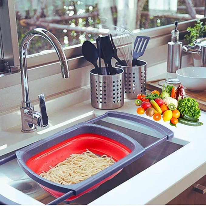 Collapsible Silicone Colander – Space-Saving Foldable Strainer for Pasta, Vegetables & Fruits – Large 6 Qt Kitchen Strainer, Heat-Resistant, BPA-Free & Dishwasher Safe |RED