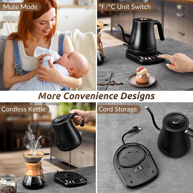 RONGBEST Electric Gooseneck Kettle 1L, 6 Temperature Control Presets, 1200W Quick Heating Water Pour Over Coffee & Tea Pot with Auto Shut-off & Keep-warm, Stainless Steel Inner & Lid, Matte Black