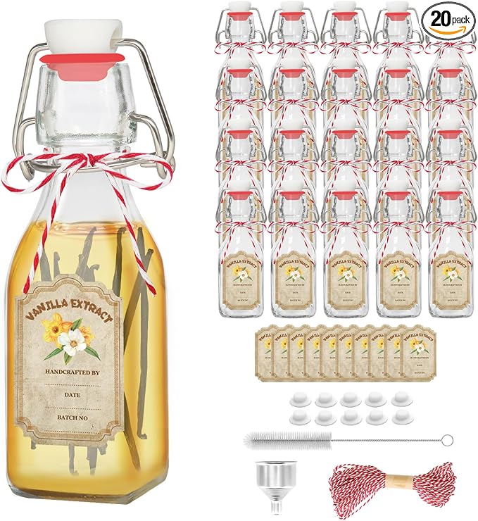 20 Pack Swing Top Glass Vanilla Extract Bottles 4 oz with Lids, Vanilla Labels & Funnel, Boston Square Bottles for Homemade Syrup, DIY Gifts, Flip Top Jars for Extract