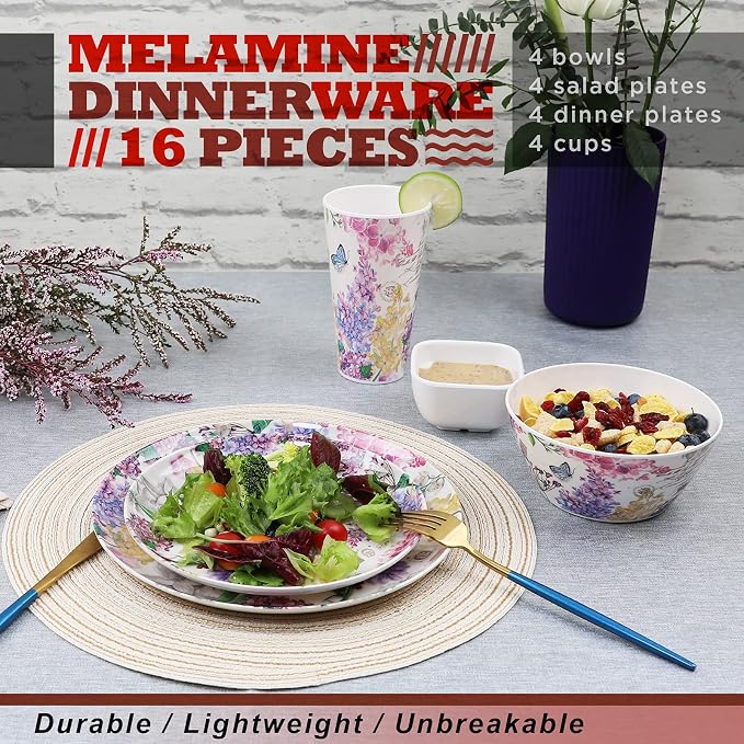Melamine Dinnerware Set for 4-16 Pcs:Camping Dishes Set with Dinner Plates,Salad Plates,Cups and Bowls.Lightweight and Unbreakable.Indoor and Outdoor Use.