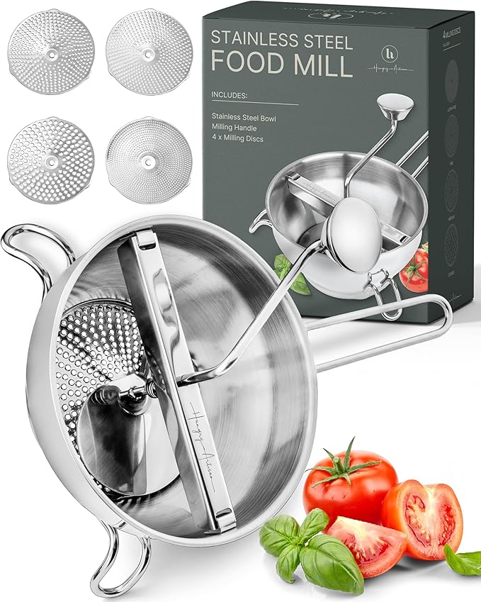 Premium 4-Disc Stainless Steel Food Mill – Ergonomic Rotary Hand Crank for Tomato Sauce, Canning, Applesauce, Baby Food, Mashed Potatoes, Puree & Jams