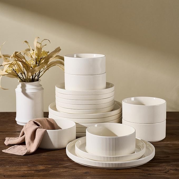 18-Piece Plates and Bowls Set, Porcelain Dinnerware Sets for 6 Service, Modern Dish Set-Chip and Scratch Resistant, Dishwasher & Microwave Safe, Creamy White