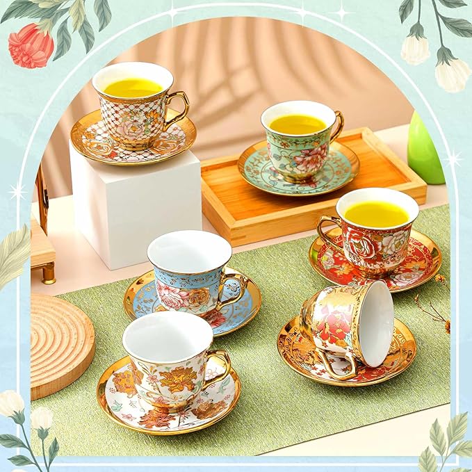 Teenyyou Set of 12 Tea Cups and Saucers Tea Party Decorations Floral Porcelain 7.4 oz British Gift for Women Birthday Party, Church, and Mother's Day (Stylish Style)