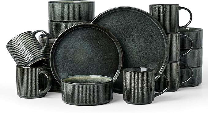 Famiware Star 24-Piece Stoneware Dinnerware Sets, Service for 6 - Reactive Glaze Mugs, Plates and Bowls, Dishes for Everyday/Formal Use, Chip/Scratch Resistant, Microwave/Dishwasher Safe, Deep Forest