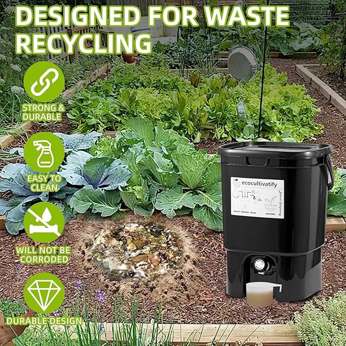 20L Bokashi Compost Bin, 5.28 Gallon Compost Bin for Kitchen Composter with Lid, Bokashi Start Kit with Bran (Tan & Dark Green) (20L/5.28GAL Black)