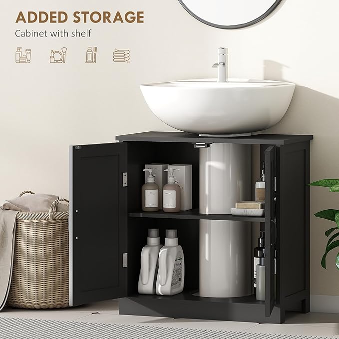 kleankin Pedestal Sink Storage Cabinet, Under Sink Cabinet with 2 Doors and Adjustable Shelf, Bathroom Vanity with U-Shape Cut-Out, Black