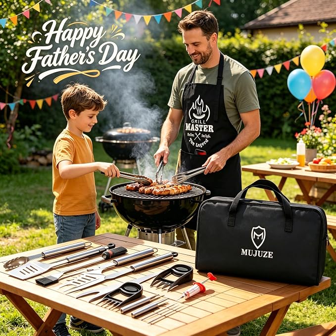 MUJUZE BBQ Grill Accessories Set,Grill Accessories Gifts for Fathers Day,BBQ Gifts for Men,31PCS Grilling Gifts for Men,Grilling Accessories with Apron for Dad,Barbecue Tool Sets