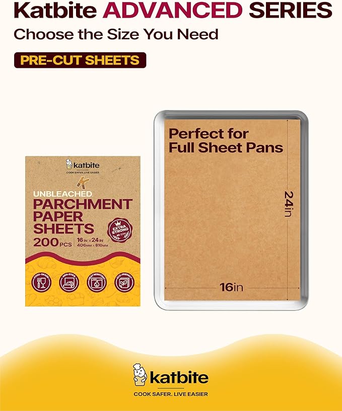 Katbite Parchment Paper Sheets Heavy Duty, 16x24 Inches 200 PCS Precut Baking Parchment, Unbleached, Non-stick, Non-toxic, Extra Strong, Flat Baking Paper for Oven, Cooking, Grilling, Air Fryer