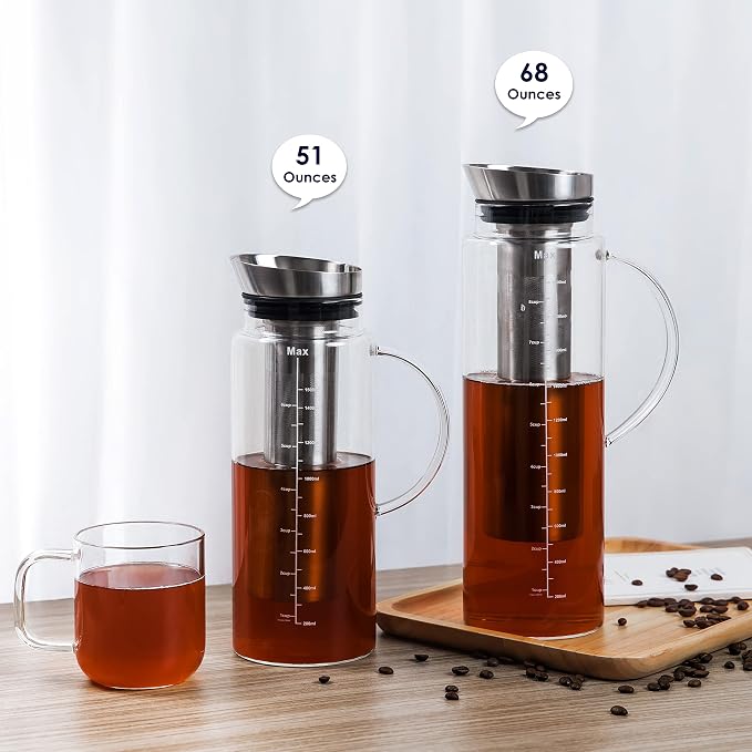 Aquach 51oz Cold Brew Coffee Maker, Borosilicate Glass Pitcher for Iced Tea | Dishwasher Safe, Family Size, Up to 2 Weeks Fresh Aroma, Refrigerator Fit, 304 Stainless Filter