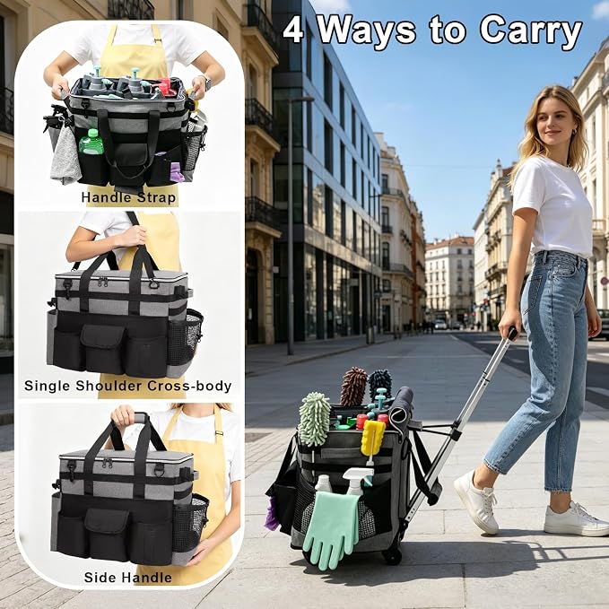 Large Rolling Cleaning Caddy with Wheels, Cleaning Supplies Organizer with Detachable Trolley, Water-resistant Cleaner Cart for Housekeepers, Multi Pocket Cleaning Cart with Strap, Gray