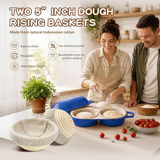 Mini Double Dutch Oven for Sourdough Bread Baking – Enameled Cast Iron Bread Pan with Lid, 500°F Oven Safe Non-Stick, Dual Round Loaf Space (6inch Diameter), Bake Two Different Loaves at Once, Includes 2×5" Banneton Proofing Baskets(blue)