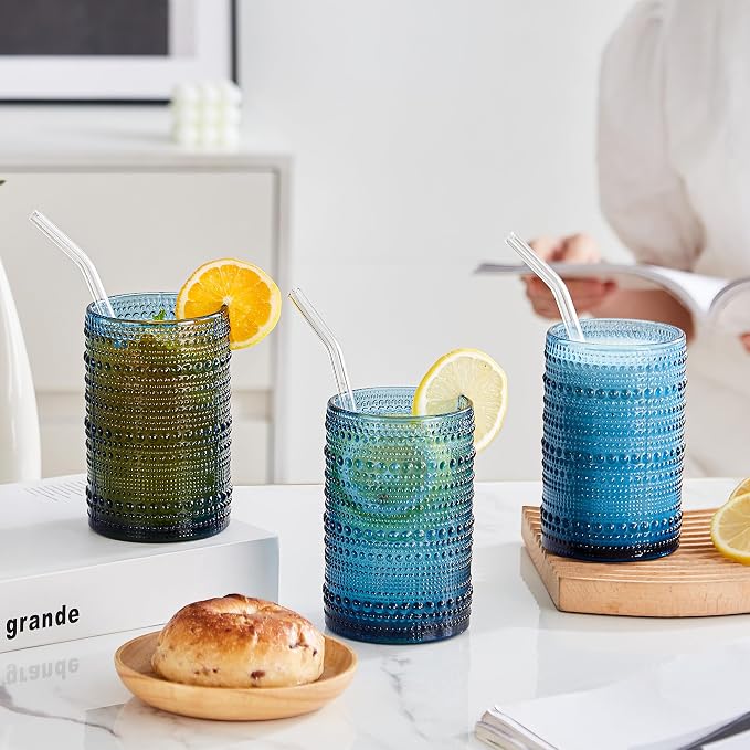 HomeVogue Hobnail Drinking Glasses Set of 12, 12oz & 15oz Vintage Glassware Set Cocktail Glass Set, Embossed Blue Water Tumbler,for Beer, Whiskey,Juice and Various Mixed Drinks (12 Pack-Blue)