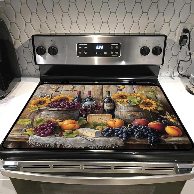Glass Stove top Cover 28"x 20", Stove Top Covers for Electric Stove, Flat Range Mat for Glass Cooktop, Kitchen Heat-Resistant Protector Non-Slip Drying Mat (Fruits and Sunflower)