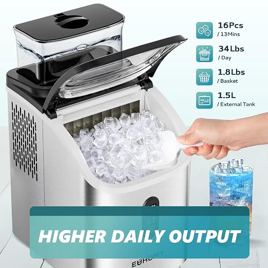 EUHOMY Ice Cube Maker Machine Countertop with External Water Tank, 2 Ways to Add Water, 34Lbs/Day, 16Pcs Ready in 7 Mins, Auto-Cleaning, with Ice Scoop & Basket, for Home/Kitchen/Office/Bar (Silver)