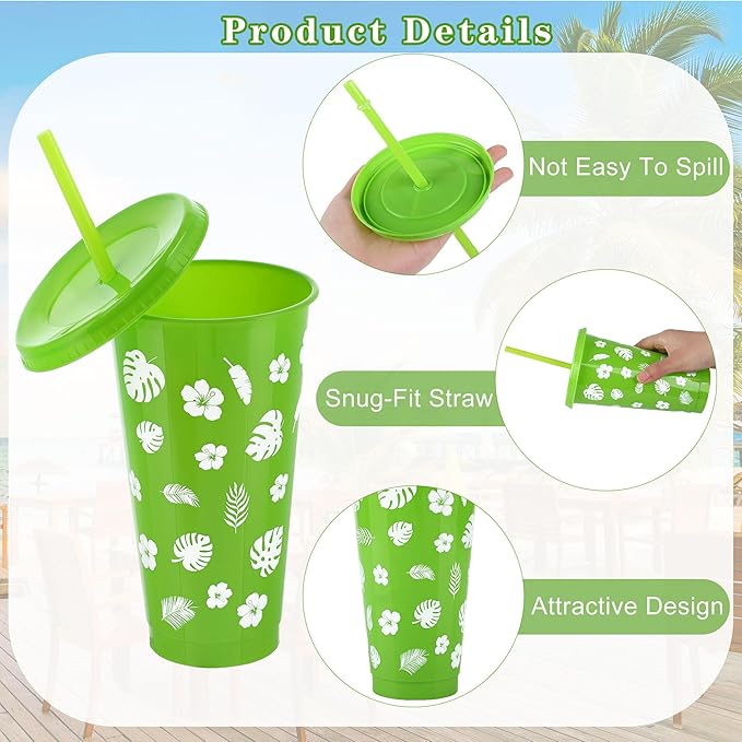 Kochorie 24 oz Hawaiian Luau Tumbler Cups with Straw and Lid - 6 Design Reusable Plastic Travel Mug Cup for Luau, Tiki Party Favors
