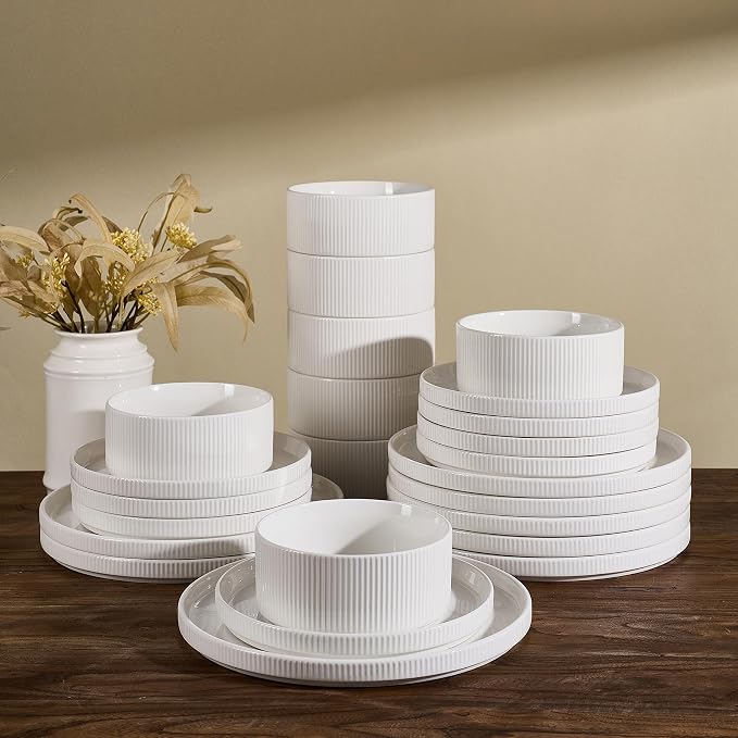 24-Piece Plates and Bowls Set, Porcelain Dinnerware Sets for 8 Service, Modern Dish Set-Chip and Scratch Resistant, Dishwasher & Microwave Safe, White