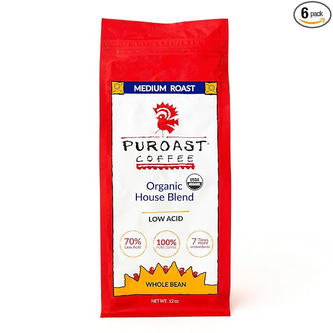 Puroast Low Acid Coffee Bean | Organic House Blend Roast Whole Bean | Medium Roast | High Antioxidants & High pH |No Bitter Aftertaste | Reduced Heartburn & GERD | Suitable for Cold Brew - 12 oz