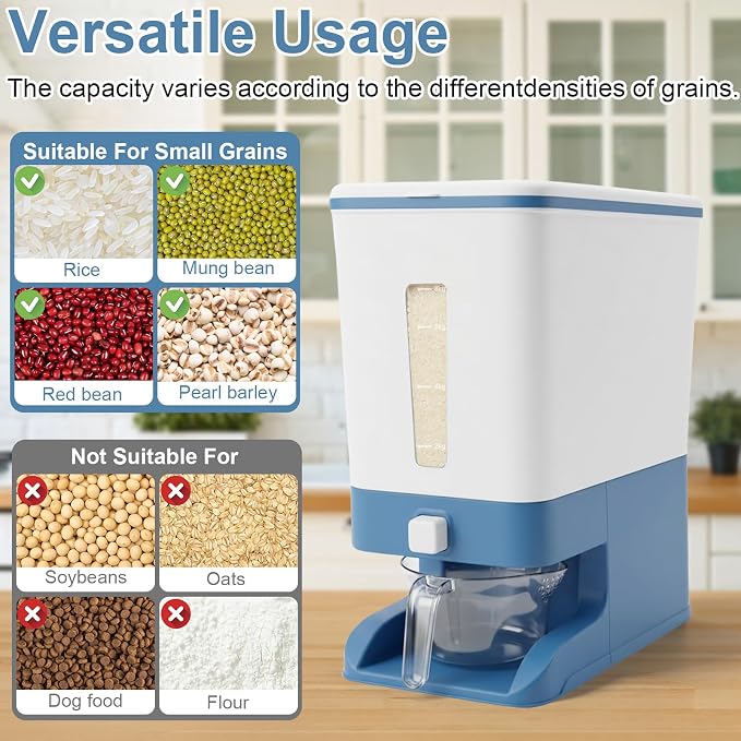 Mity rain Rice Dispenser 20 Lbs with Moisture Absorbing Clay, Rice Storage Container with Measuring Cup, 12 L Cereal Containers Storage Airtight for Kitchen Pantry Organization Blue