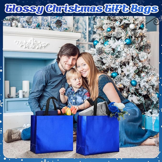 Eccliy Reusable Gift Bags Set Glossy Grocery Gift Tote Bag with Handle for Wedding, Bridal Shower, 4th of July, Summer Event(12 x 11 x 4.7 I Inch,Blue,80 Pcs)
