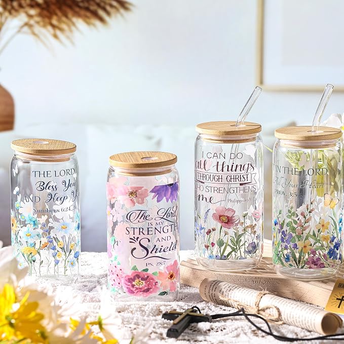 Mumufy 4 Pack Wildflower Glass Cups Gift Aesthetic Cute Glass Cup Tumbler Flower Iced Coffee Mugs 16 oz with Bamboo Lid & Straw, for Wedding Birthday Bridesmaid Mom Baby Shower
