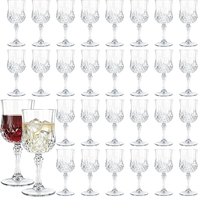 30 Pack Plastic Wine Glasses,10oz Unbreakable Vintage Style Goblets,Reusable Crystal Like Drinking Glass for Wedding Reception, Party Supplies (Clear)