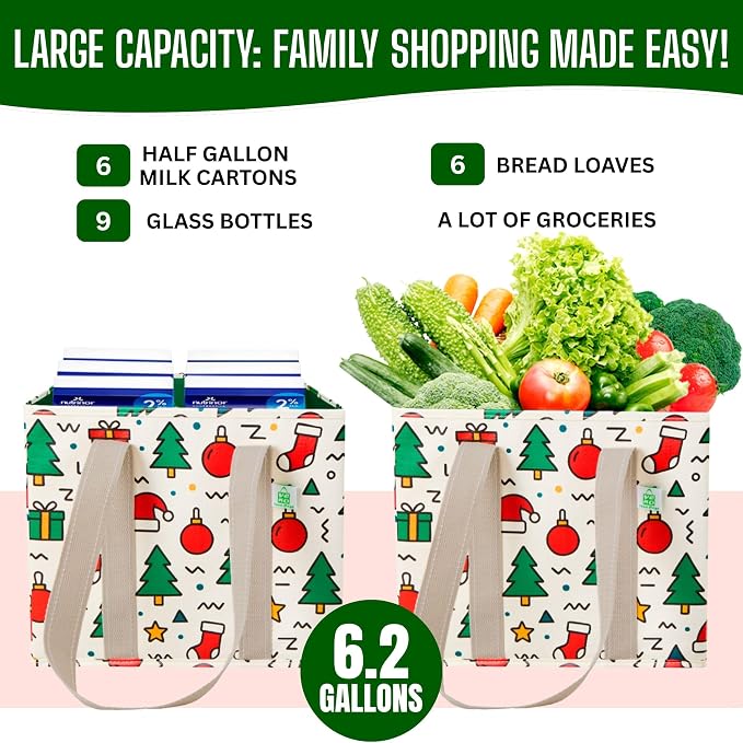 VENO 3 Pack Reusable Grocery Bags, Shopping Bags for Groceries, Tote with Handles and Hard Bottom, Foldable Shopping Cart Organizer, Water Resistant, Heavy-Duty (Jingle Mix, 6 Gallon)
