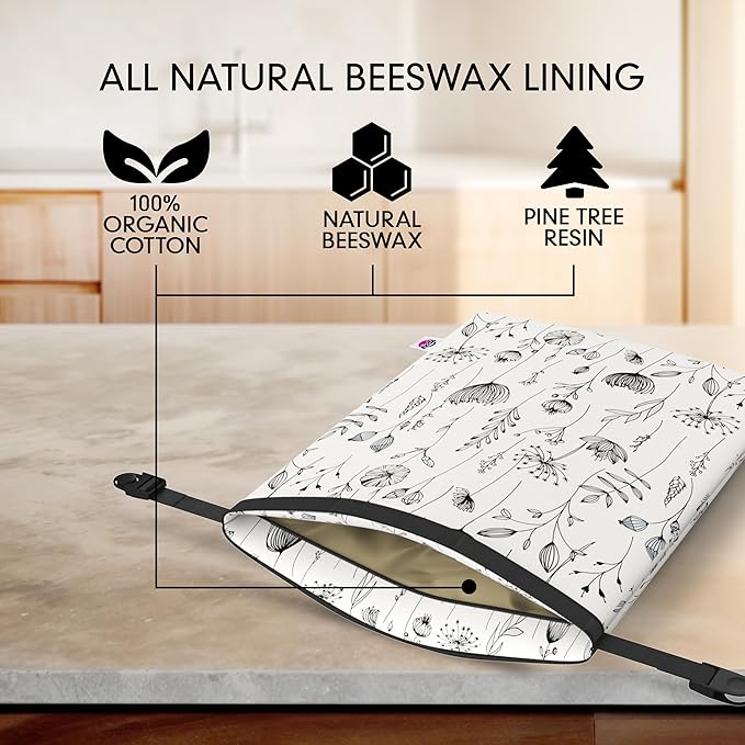 Riccle Reusable Beeswax Bread Bags for Sourdough and Homemade Bread -Pack Of 2- Durable and Waxed for Fresh Artisan Loaves Storage - Large Linen Bag for Sour Dough Home Made Breads with Zipper & Clips