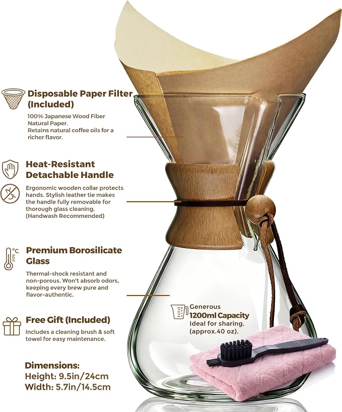 AGOGO Pour Over Coffee Maker Glass with 50pcs Paper Filters -for Home, Office, Camping, Cafes - Easy Clean Coffee Dripper Set (Soft Towel&Brush)(40oz Classic w/Paper Filters)